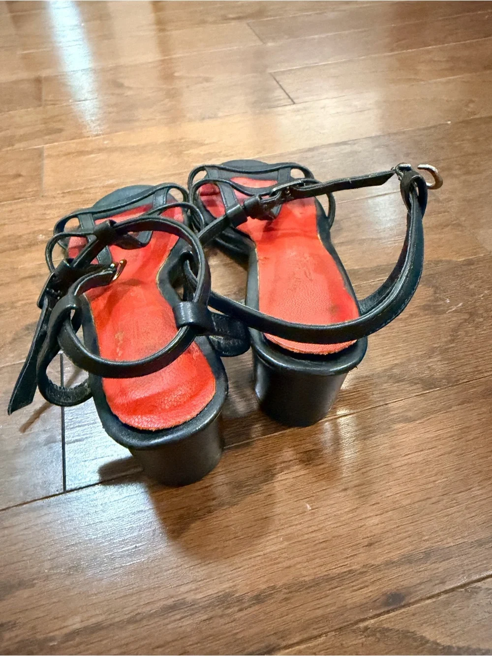 Black Strappy Heeled Sandals with Red Insole